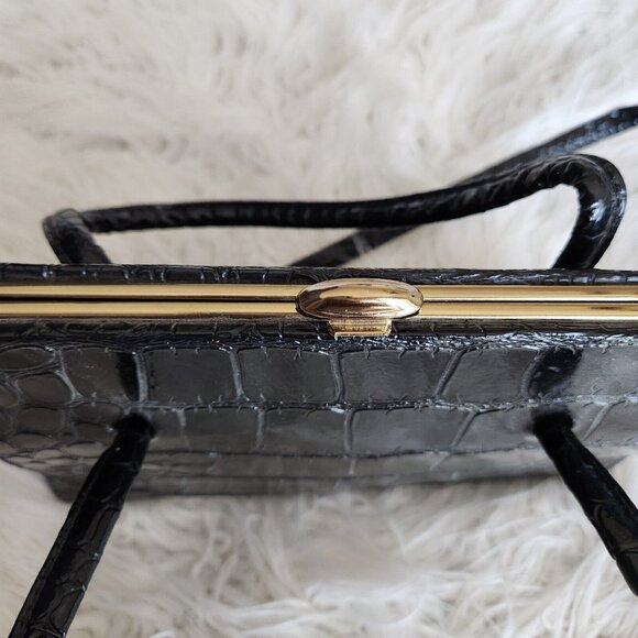Vintage Croc Embossed Leather Satchel Top Handled Shoulder Crossbody Bag Gold - Picture 12 of 15